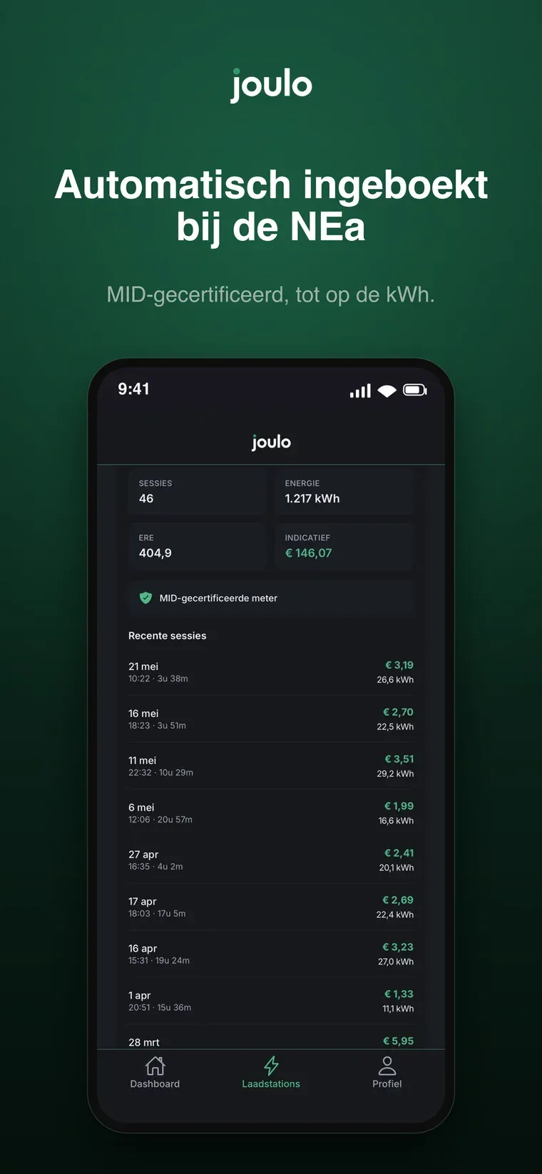 Het laadstations-scherm van de Joulo-app met sessies, kWh, ERE en een MID-gecertificeerde meter.