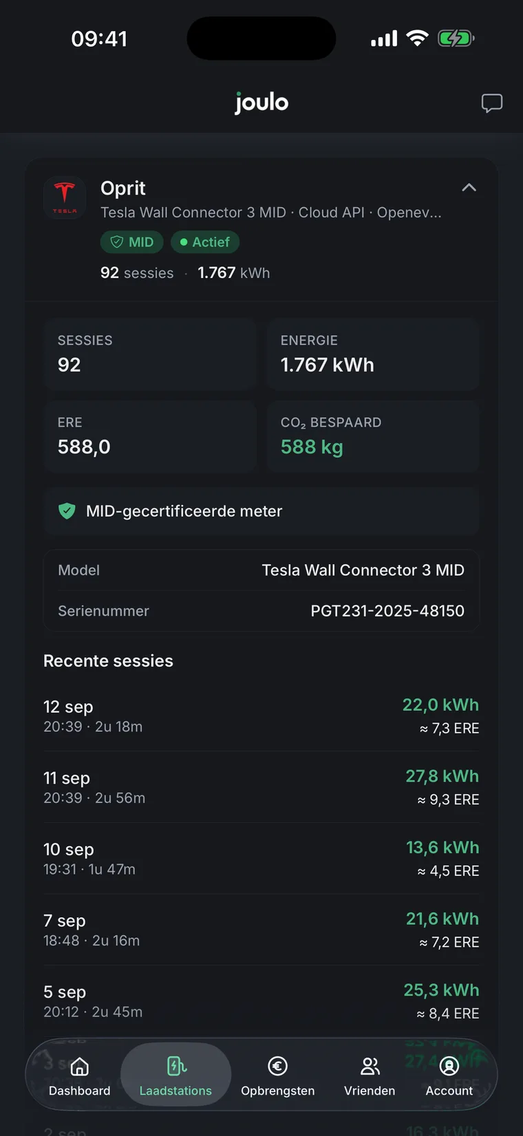 Het laadstations-scherm van de Joulo-app met sessies, kWh, ERE en een MID-gecertificeerde meter.