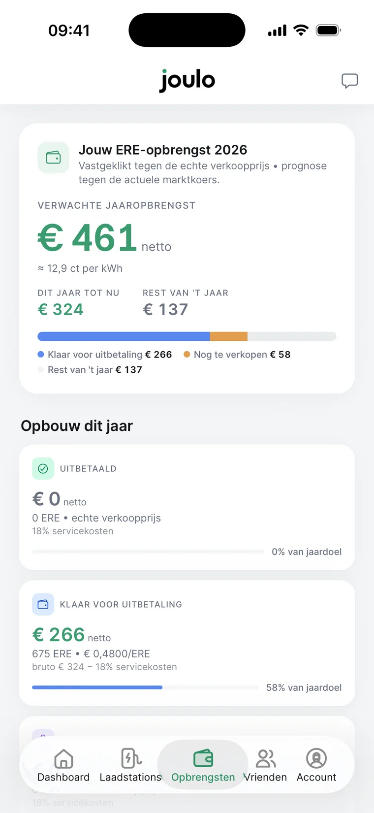 Het scherm Opbrengsten van de Joulo-app: één verwachte jaaropbrengst, met daaronder wat al is uitbetaald, wat klaarstaat en wat nog verkocht moet worden. De getoonde bedragen zijn voorbeeldcijfers.