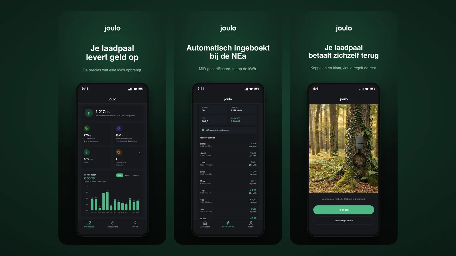 De Joulo-app in drie schermen