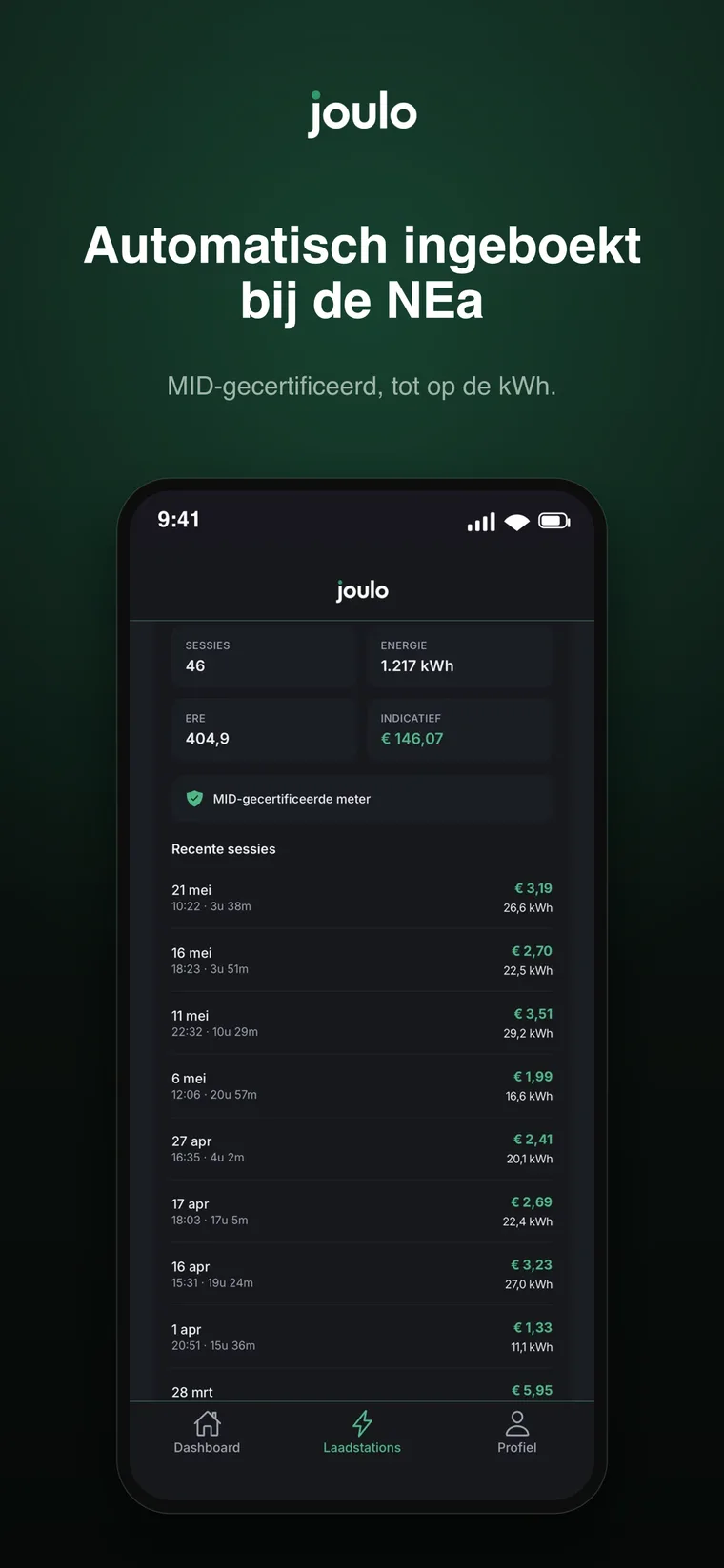 Het laadstations-scherm van de Joulo-app: sessies, kWh, ERE en een MID-gecertificeerde meter, met je recente laadsessies eronder. De getoonde bedragen zijn voorbeeldcijfers.