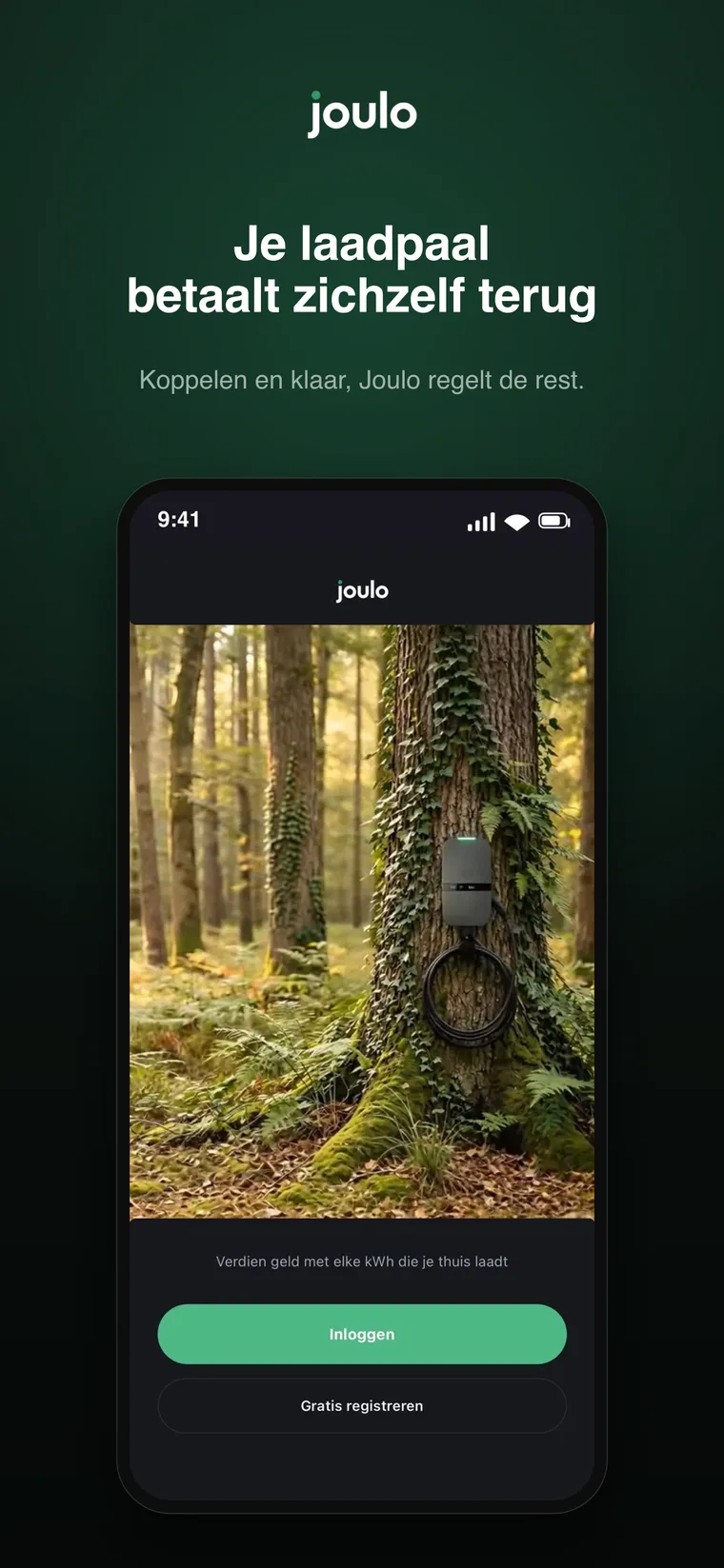 Het inlogscherm van de Joulo-app: koppelen en klaar, Joulo regelt de rest.