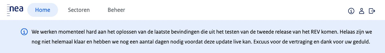Het bericht van de NEa bovenaan het REV op 22 oktober 2026: release 2 heeft nog een aantal dagen nodig.