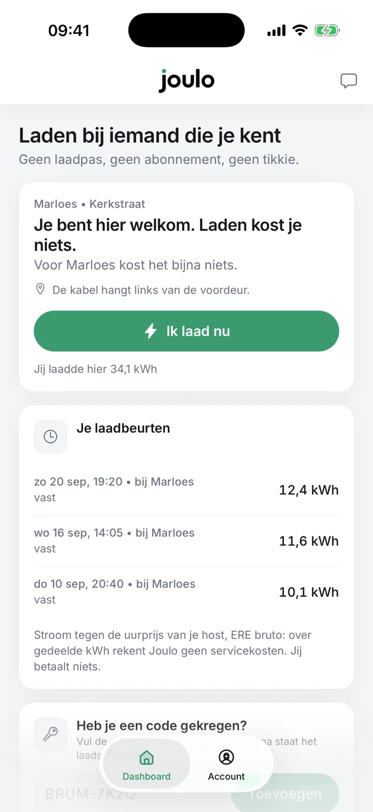 De Joulo-app toont het laadstation van je host, de knop 'Ik laad nu' en je eerdere laadbeurten.