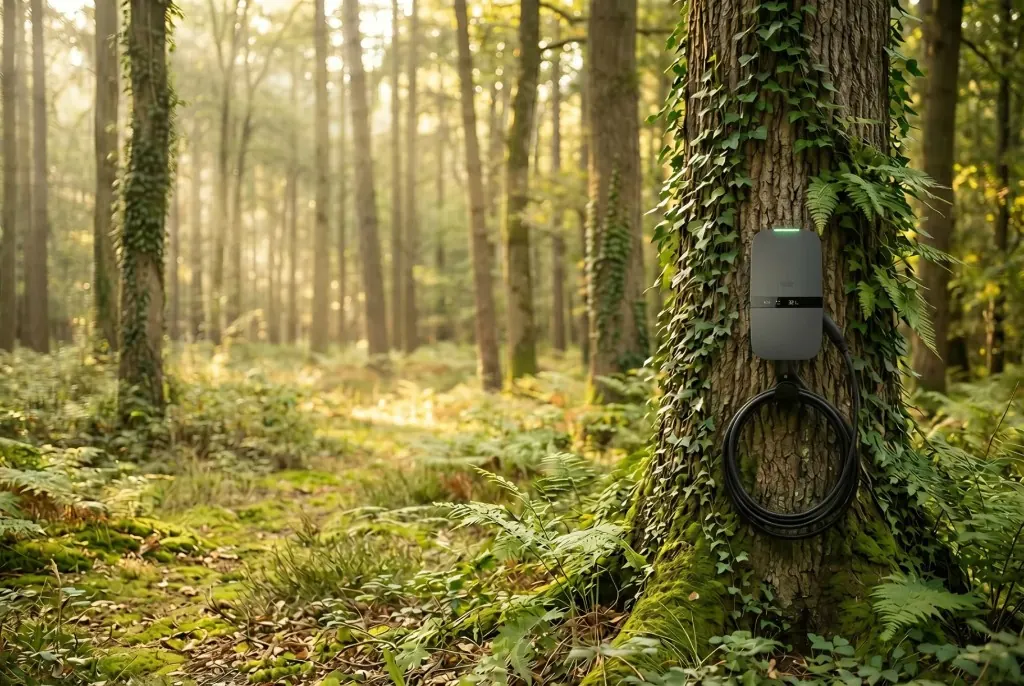 Peblar laadstation in een groene omgeving
