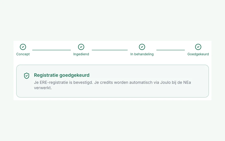 Registratie-voortgang in het Joulo dashboard met status goedgekeurd